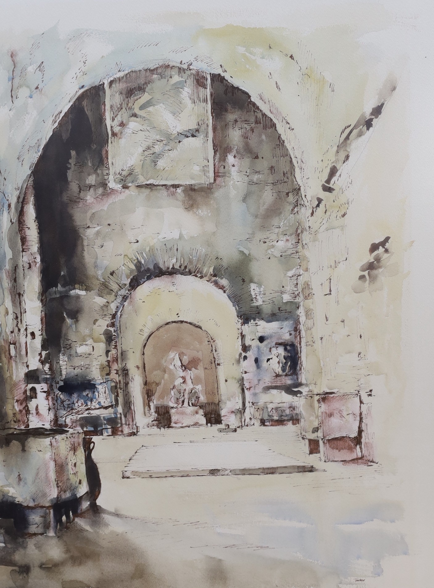 Gerald Edwin Tucker (1932-), ink and watercolour, Woodside barges, signed, 35 x 55cm and an ink and watercolour study, 'The Baths of Discletian, Rome', 61 x 48cm